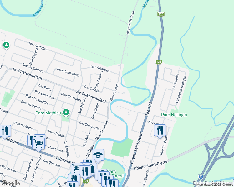 map of restaurants, bars, coffee shops, grocery stores, and more near 2880 Place Deauville in Mascouche