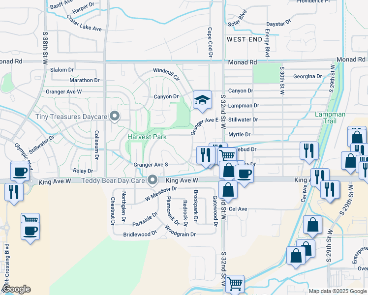 map of restaurants, bars, coffee shops, grocery stores, and more near 3310 Barley Circle in Billings
