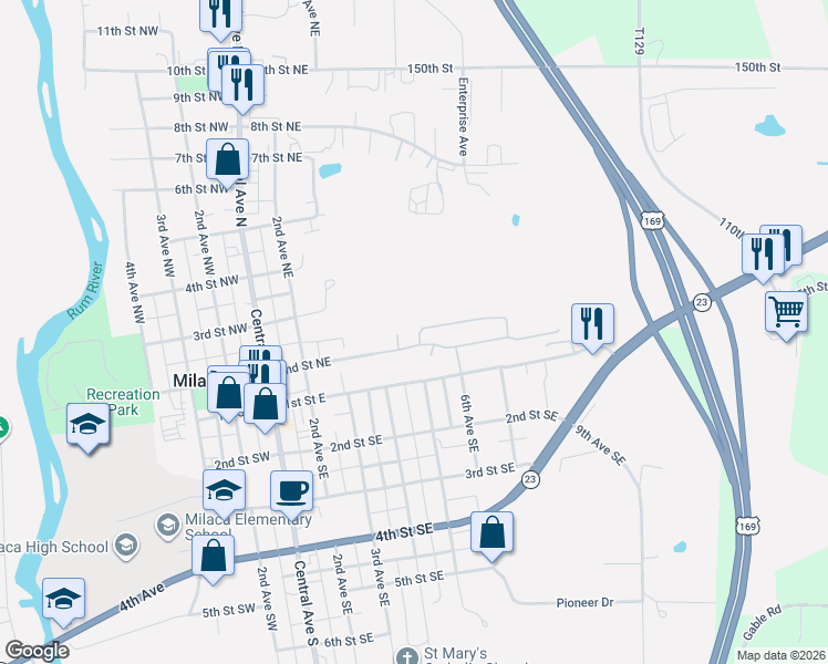 map of restaurants, bars, coffee shops, grocery stores, and more near 518 Northeast 3rd Street in Milaca