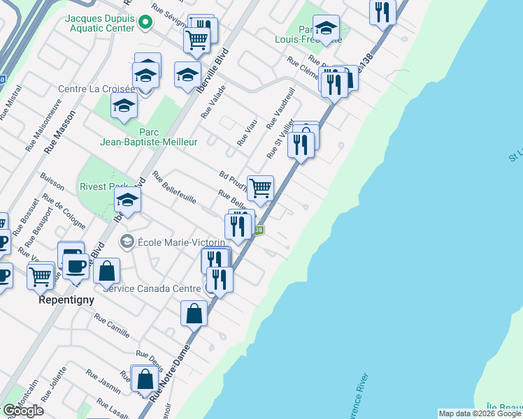 map of restaurants, bars, coffee shops, grocery stores, and more near 735 Rue Notre-Dame in Repentigny