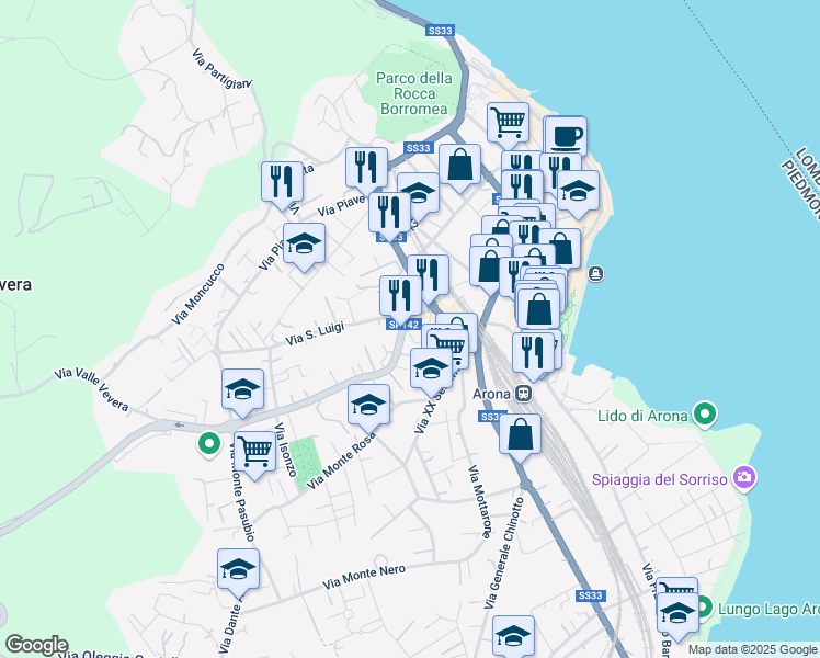 map of restaurants, bars, coffee shops, grocery stores, and more near 2 Via San Luigi in Arona