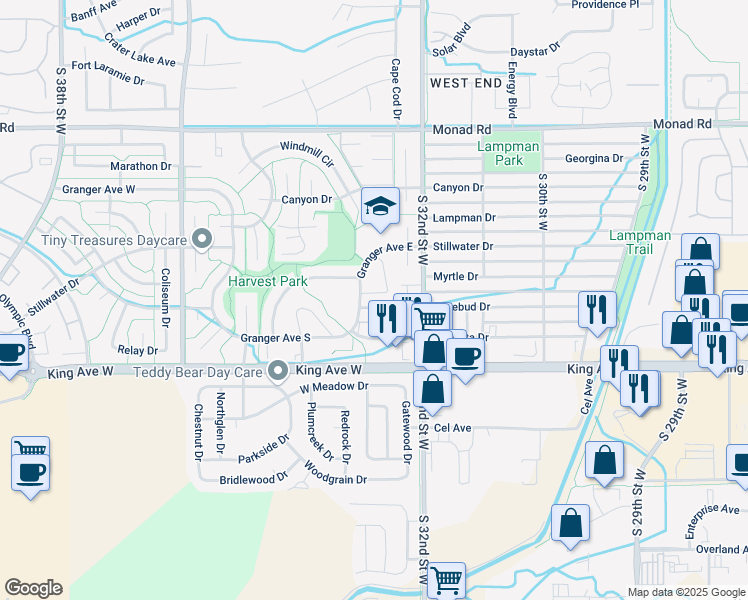map of restaurants, bars, coffee shops, grocery stores, and more near 3283 Rosebud Drive in Billings