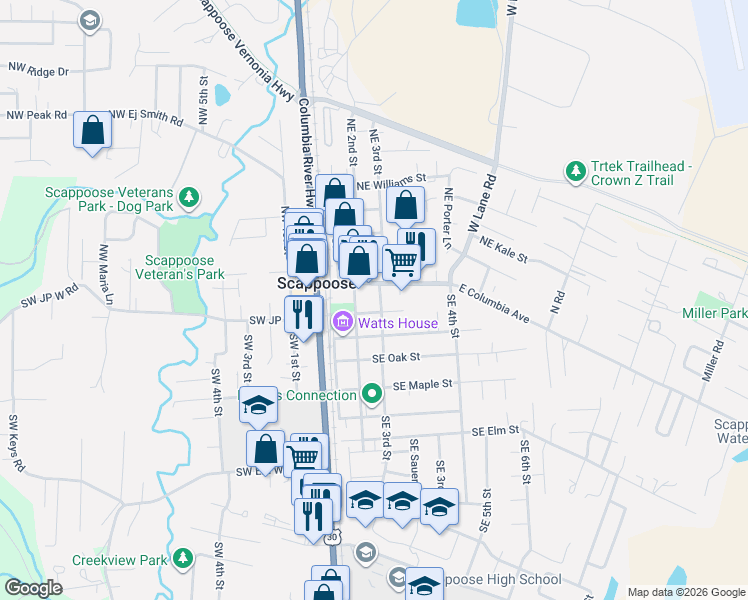 map of restaurants, bars, coffee shops, grocery stores, and more near 90 East Columbia Avenue in Scappoose
