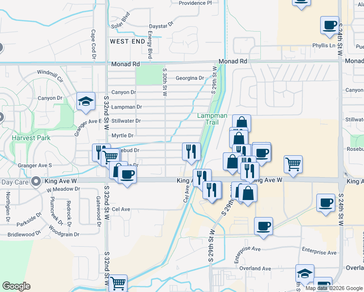 map of restaurants, bars, coffee shops, grocery stores, and more near 2916 Myrtle Drive in Billings