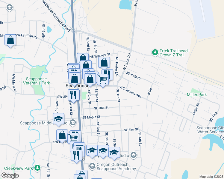 map of restaurants, bars, coffee shops, grocery stores, and more near in Scappoose