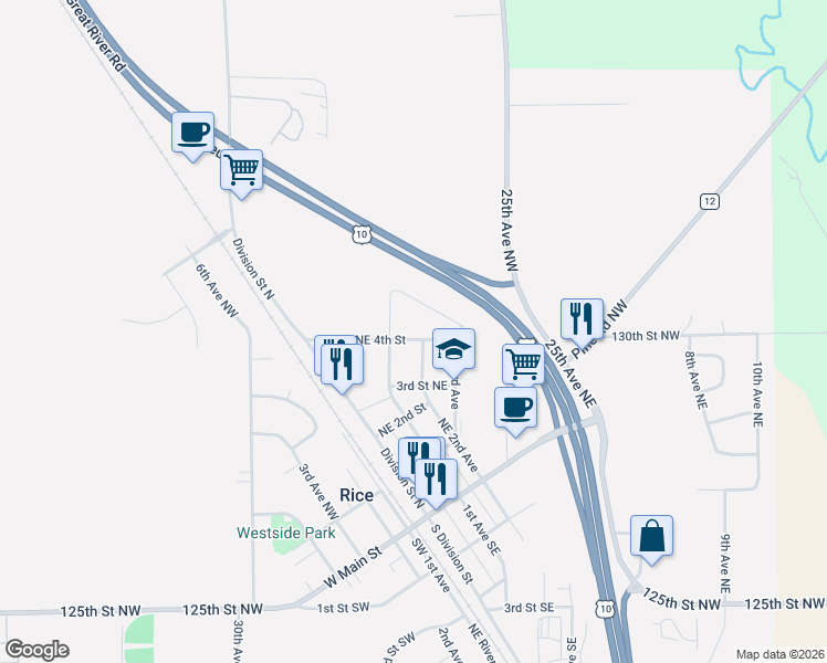 map of restaurants, bars, coffee shops, grocery stores, and more near 210 5th Street Northeast in Rice