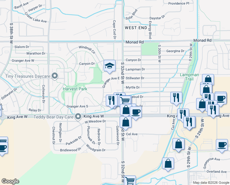 map of restaurants, bars, coffee shops, grocery stores, and more near 3254 Granger Avenue East in Billings