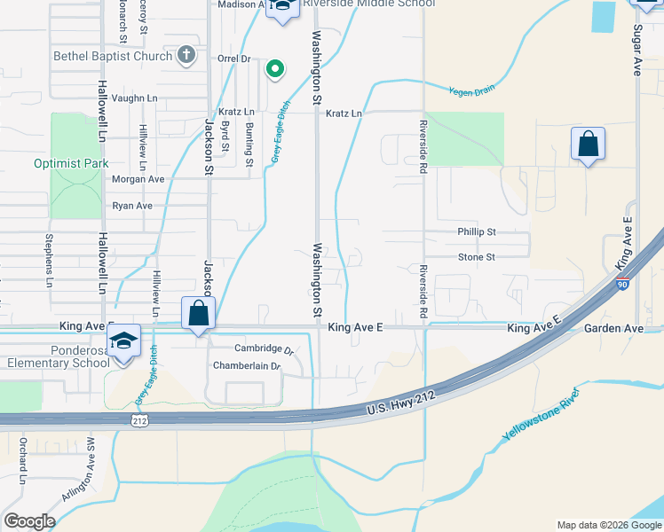 map of restaurants, bars, coffee shops, grocery stores, and more near 645 Washington St in Billings