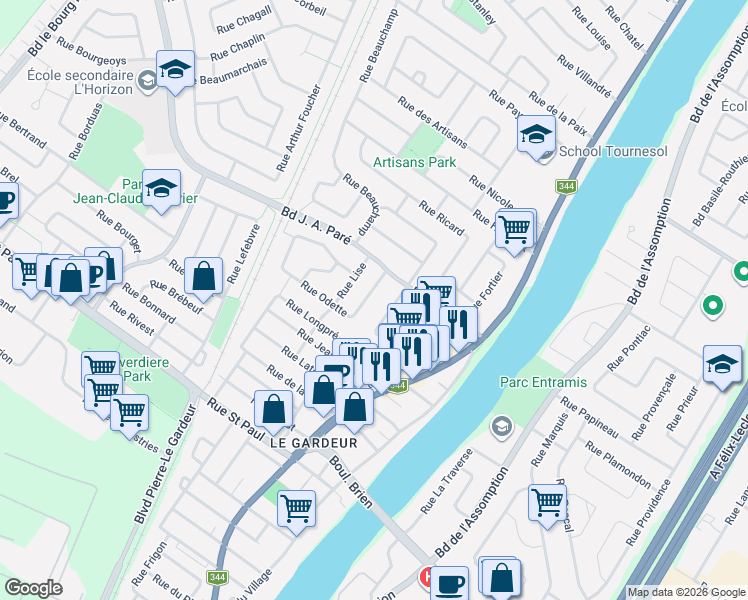 map of restaurants, bars, coffee shops, grocery stores, and more near 77 Rue Odette in Repentigny