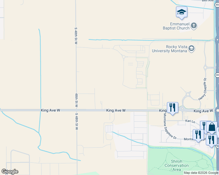 map of restaurants, bars, coffee shops, grocery stores, and more near 4625 King Avenue West in Billings