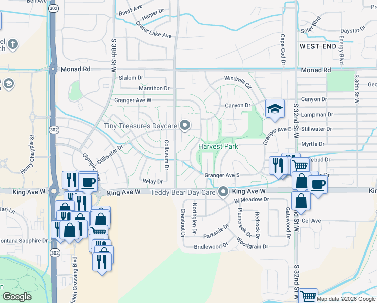 map of restaurants, bars, coffee shops, grocery stores, and more near 3530 Granger Avenue West in Billings