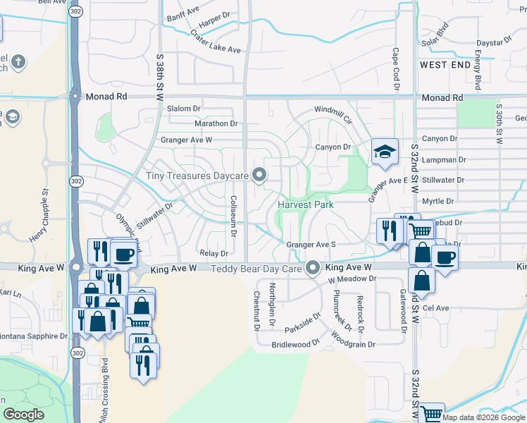 map of restaurants, bars, coffee shops, grocery stores, and more near 3530 Granger Avenue West in Billings