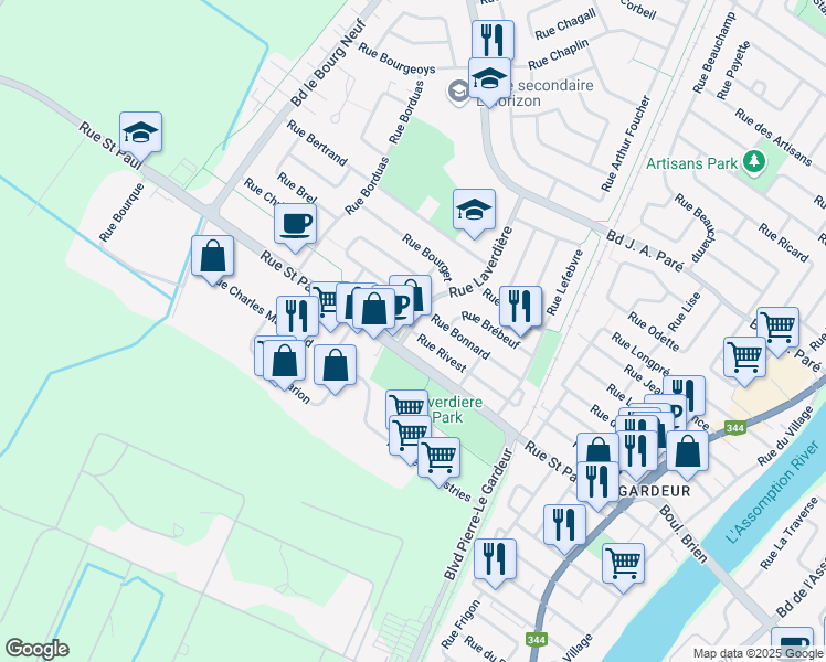 map of restaurants, bars, coffee shops, grocery stores, and more near 193 Rue Rivest in Repentigny