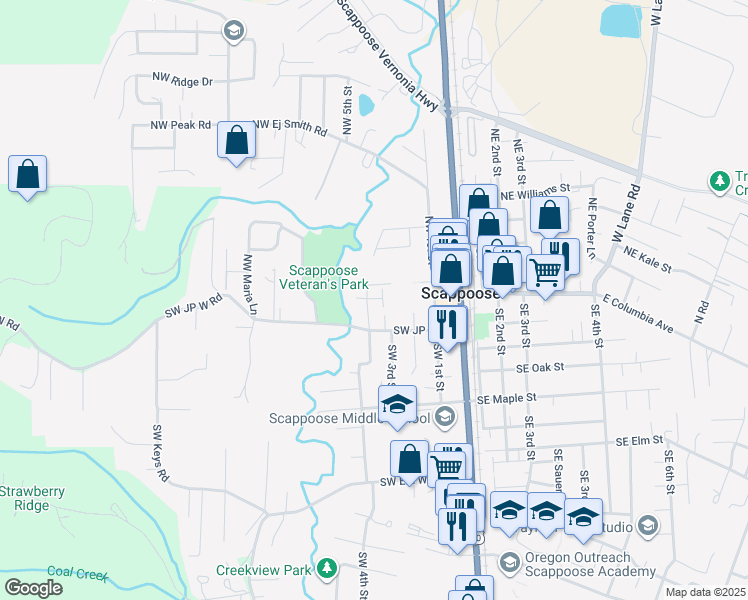 map of restaurants, bars, coffee shops, grocery stores, and more near 52520 Southeast 4th Street in Scappoose