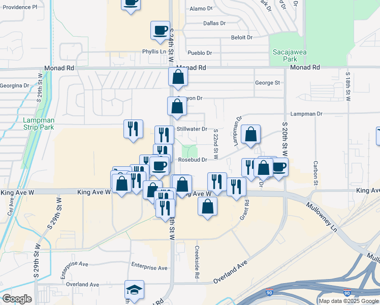 map of restaurants, bars, coffee shops, grocery stores, and more near 2315 Rosebud Drive in Billings