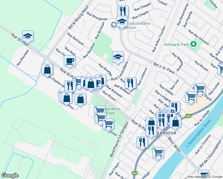map of restaurants, bars, coffee shops, grocery stores, and more near 212 Rue Bonnard in Le Gardeur