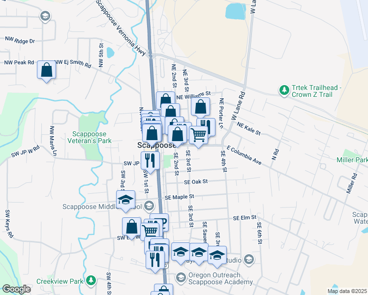 map of restaurants, bars, coffee shops, grocery stores, and more near 90 East Columbia Avenue in Scappoose