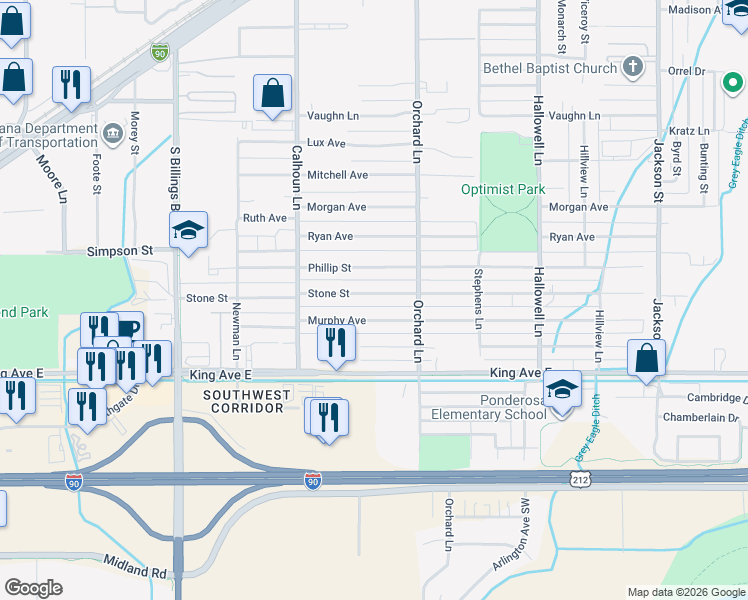 map of restaurants, bars, coffee shops, grocery stores, and more near 4436 Stone Street in Billings