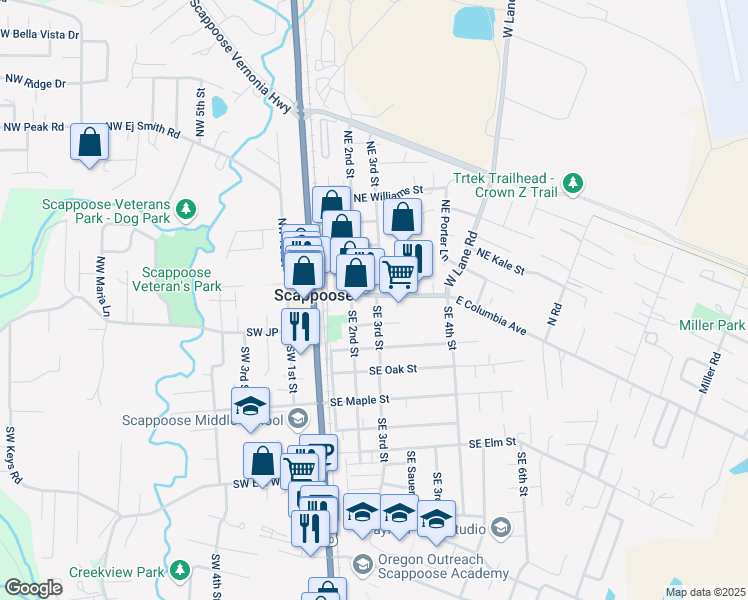 map of restaurants, bars, coffee shops, grocery stores, and more near 90 East Columbia Avenue in Scappoose