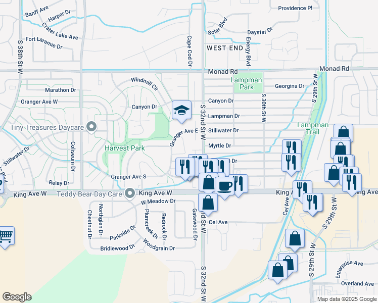 map of restaurants, bars, coffee shops, grocery stores, and more near 3283 Rosebud Drive in Billings