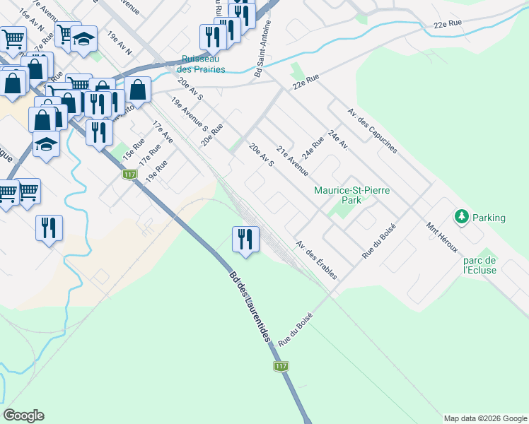 map of restaurants, bars, coffee shops, grocery stores, and more near 1148 Rue des Bouleaux in Saint-Jérôme