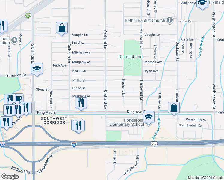 map of restaurants, bars, coffee shops, grocery stores, and more near 4344 Stone Street in Billings