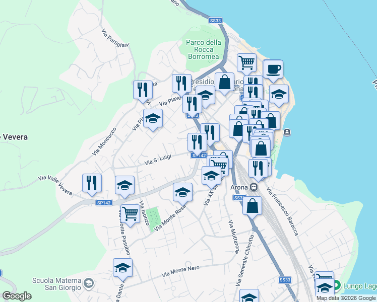 map of restaurants, bars, coffee shops, grocery stores, and more near 2 Via San Luigi in Arona