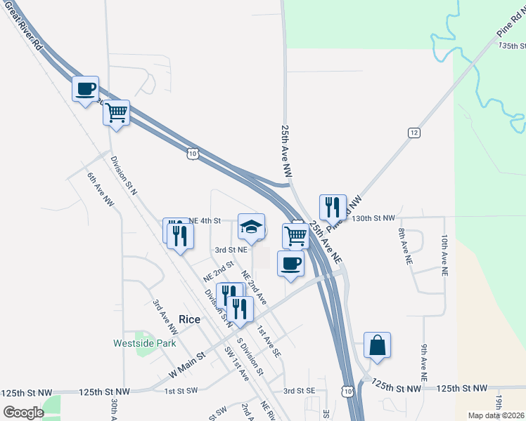 map of restaurants, bars, coffee shops, grocery stores, and more near 305 5th Street Northeast in Rice