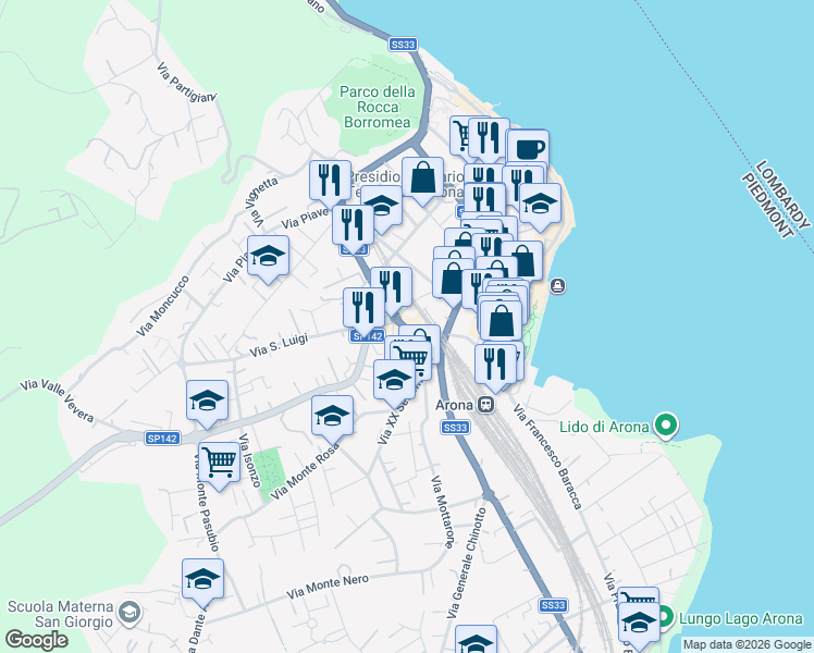 map of restaurants, bars, coffee shops, grocery stores, and more near 12 Via Torino in Arona
