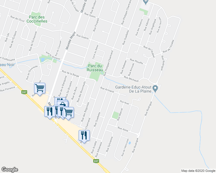 map of restaurants, bars, coffee shops, grocery stores, and more near 1840 Rue Ouellette in Terrebonne