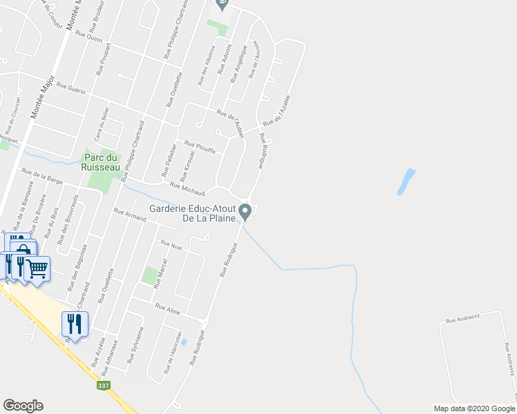 map of restaurants, bars, coffee shops, grocery stores, and more near 1381 Rue Rodrigue in Terrebonne
