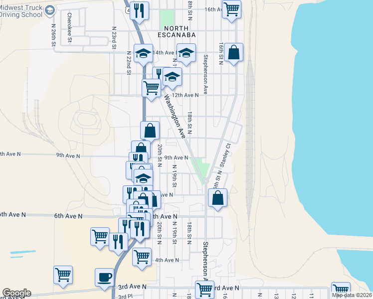 map of restaurants, bars, coffee shops, grocery stores, and more near 927 Washington Ave in Escanaba