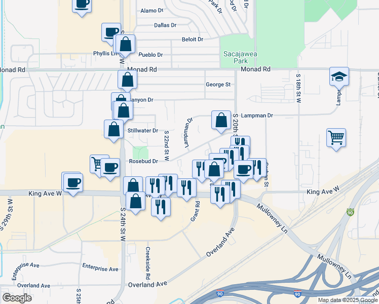 map of restaurants, bars, coffee shops, grocery stores, and more near 2143 Rosebud Drive in Billings