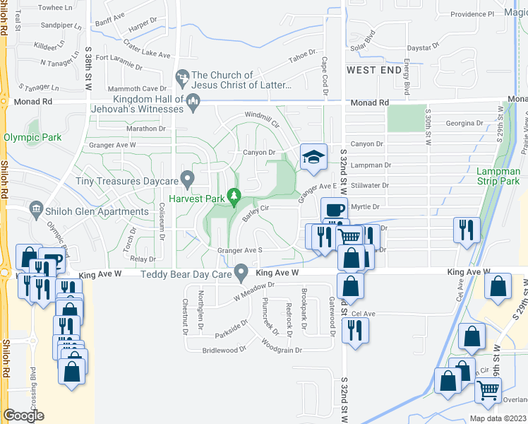 map of restaurants, bars, coffee shops, grocery stores, and more near 3392 Barley Circle in Billings