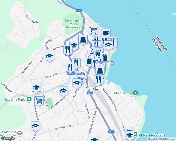 map of restaurants, bars, coffee shops, grocery stores, and more near 10 Corso della Liberazione in Arona