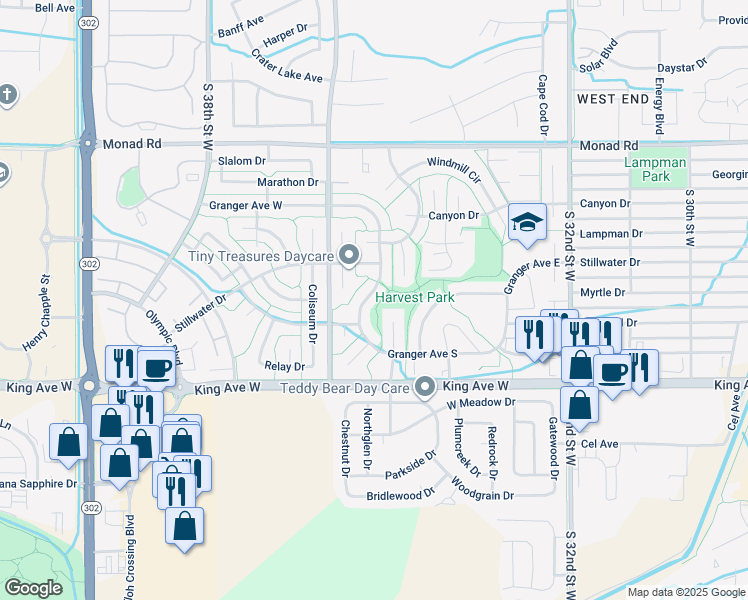 map of restaurants, bars, coffee shops, grocery stores, and more near 3541 Granger Avenue West in Billings