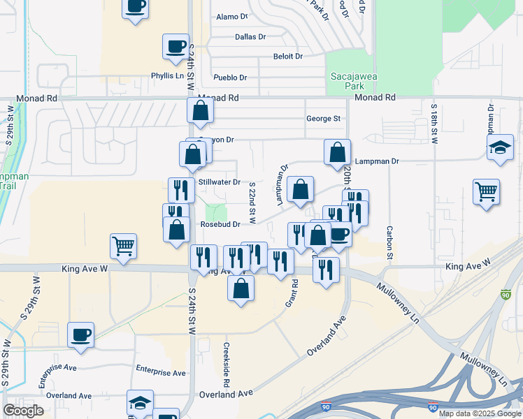 map of restaurants, bars, coffee shops, grocery stores, and more near 2143-2205 Rosebud Drive in Billings