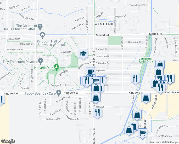 map of restaurants, bars, coffee shops, grocery stores, and more near 662-710 South 32nd Street West in Billings