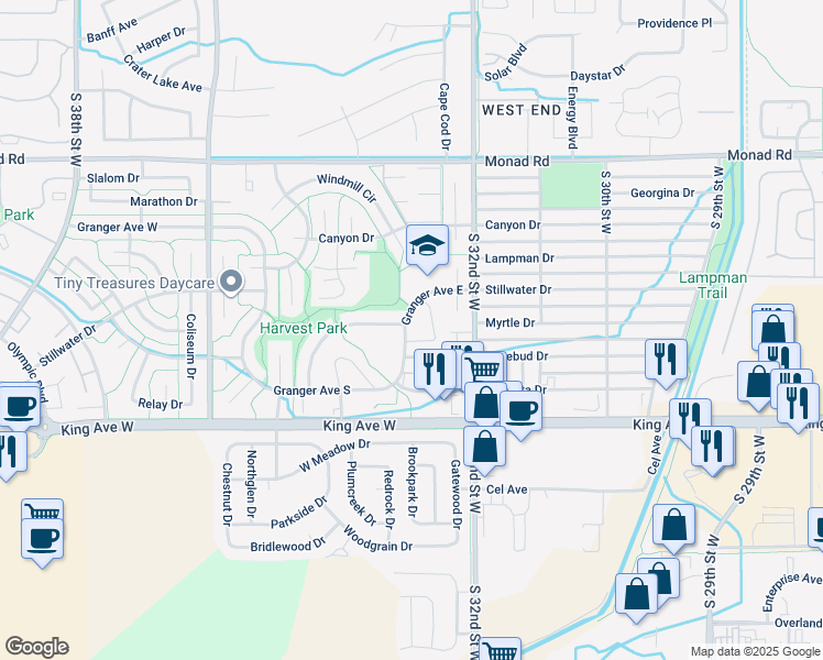 map of restaurants, bars, coffee shops, grocery stores, and more near 3310 Barley Circle in Billings