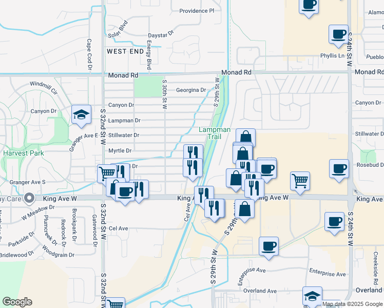 map of restaurants, bars, coffee shops, grocery stores, and more near 2916 Myrtle Drive in Billings