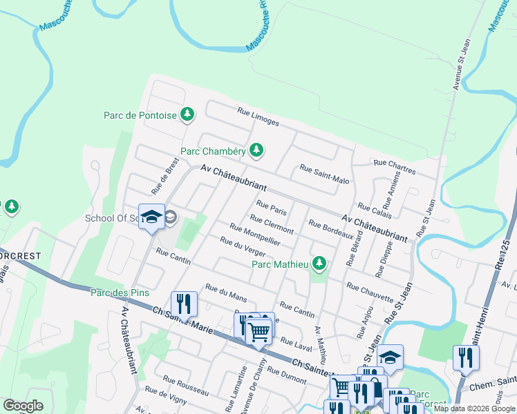 map of restaurants, bars, coffee shops, grocery stores, and more near 2612 Rue Paris in Mascouche