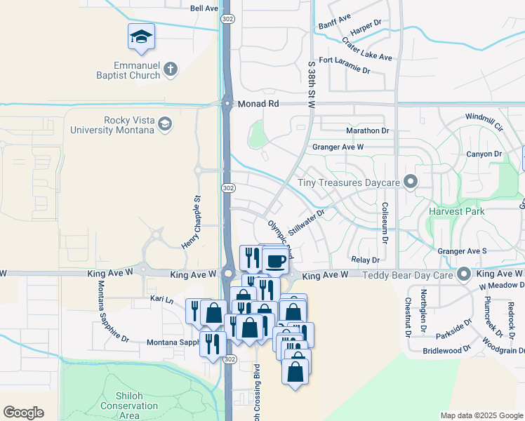 map of restaurants, bars, coffee shops, grocery stores, and more near 637 South 38th Street West in Billings