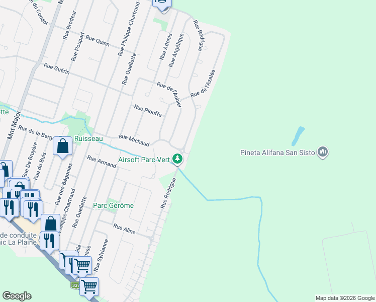 map of restaurants, bars, coffee shops, grocery stores, and more near 1381 Rue Rodrigue in Terrebonne