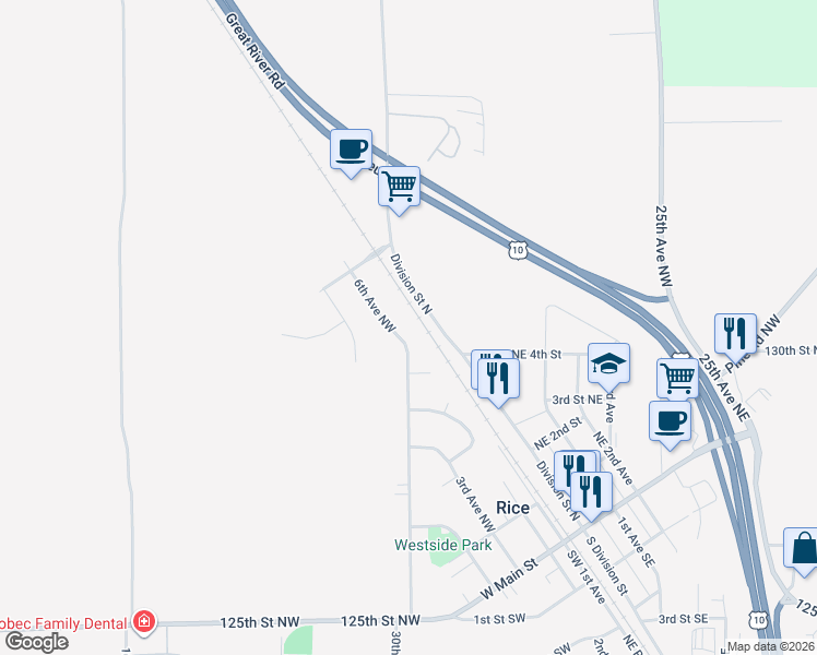 map of restaurants, bars, coffee shops, grocery stores, and more near 1007 6th Avenue Northwest in Rice