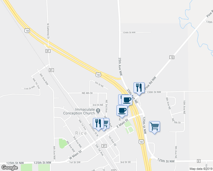 map of restaurants, bars, coffee shops, grocery stores, and more near 305 5th Street Northeast in Rice