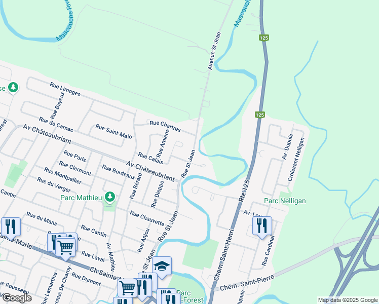 map of restaurants, bars, coffee shops, grocery stores, and more near 1450 Avenue Saint Jean in Mascouche