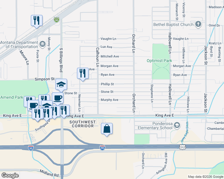 map of restaurants, bars, coffee shops, grocery stores, and more near 4504 Stone St in Billings