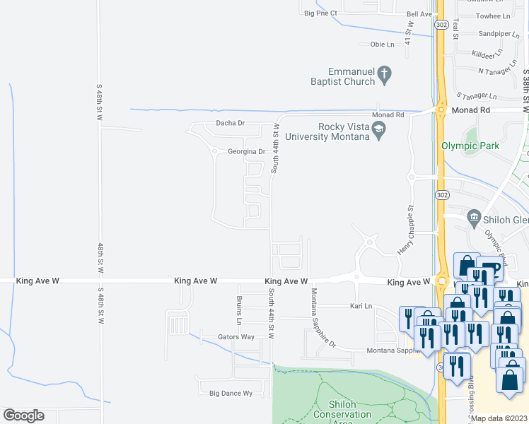 map of restaurants, bars, coffee shops, grocery stores, and more near 601 South 44th Street West in Billings