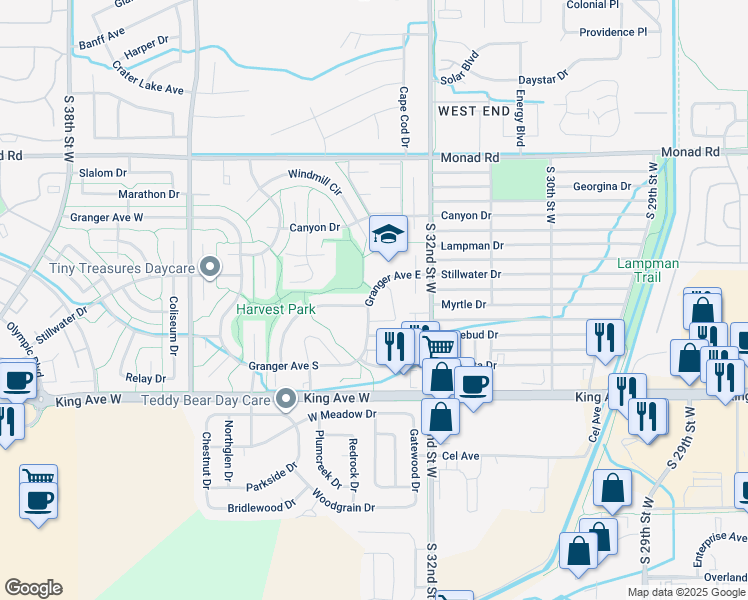 map of restaurants, bars, coffee shops, grocery stores, and more near 3274 Granger Avenue East in Billings