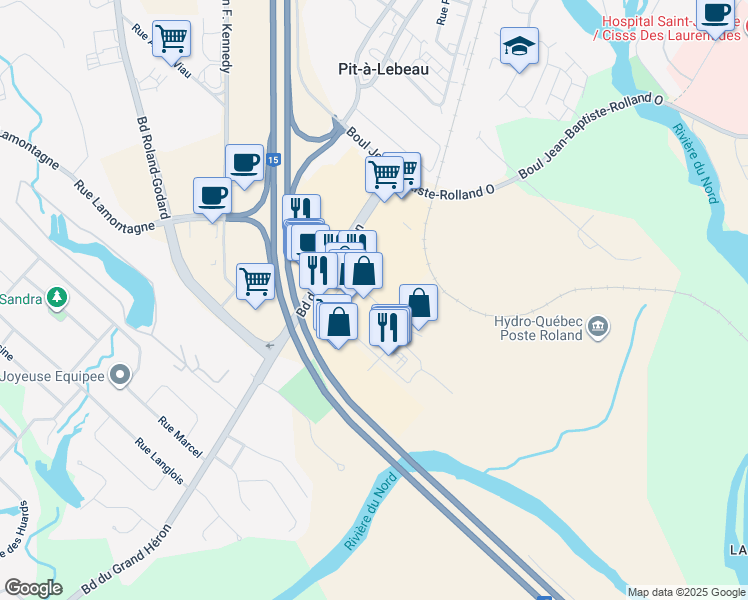 map of restaurants, bars, coffee shops, grocery stores, and more near Rue Valmont in Saint-Jérôme